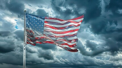 Wall Mural - weathered american flag billowing in wind dramatic sky backdrop patriotic imagery