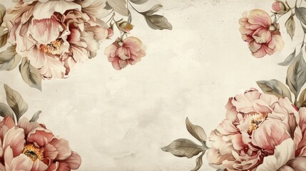 Wall Mural - Watercolor painting of delicate pink peonies on vintage distressed paper background with artistic flair for beauty and art enthusiasts