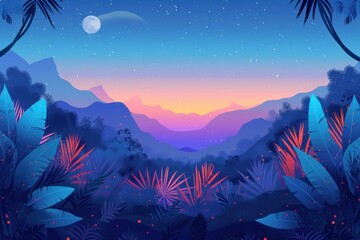 Canvas Print - a beautiful mountain range with a purple sky and a sun setting in the background