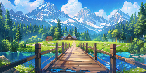 Canvas Print - a wooden bridge leads to the green meadow, generative AI