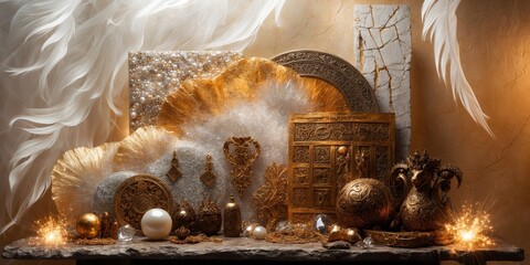 Wall Mural - Gold, silver, and white textured objects arranged on a table