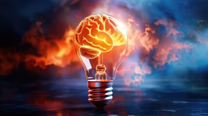 Light bulb with human brain inside on dark background