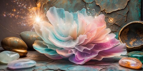 Wall Mural - Pastel flower, stones, and sparkles