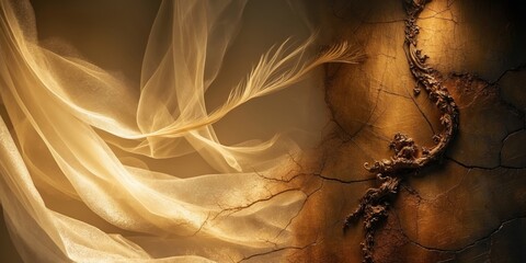 Poster - Light brown fabric with a branch and a feather