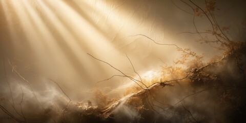 Sticker - Golden sunlight beams through branches in a dense, foggy forest