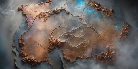 Canvas Print - A textured surface with cracked copper and blue elements with smoke