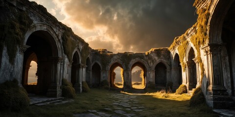 Wall Mural - Stone arches and moss covered walls of an abandoned structure with sunlight streaming through