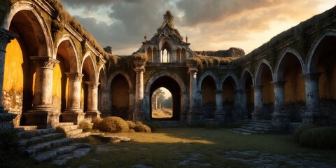 Poster - Stone archways and columns overgrown with moss in an ancient building