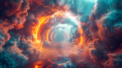 Wall Mural - Glowing neon tunnel in bright orange and teal, filled with swirling fog and scattered glowing clouds 