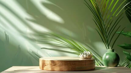 Wall Mural - Minimal modern display podium with wooden base, green backdrop, and palm leaves in sunlight