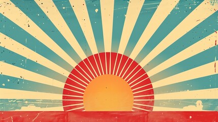 Wall Mural - Retro banner with sun and rays in style of 70s. Sunburst, sunrise summer background. Sunbeam illustration, starburst geometric pattern. Vintage wallpaper