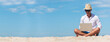 © aFotostock - Banner Man traveler use laptop on summer beach blue sky. Asian man travel relax sitting summer beach island. Man typing laptop computer holiday business trip freelance working online with copy space