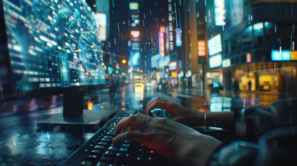 Person typing on keyboard with code on computer screen against a night city background. Suitable for technology or coding concepts.