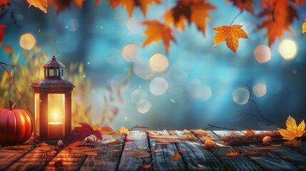 Wall Mural - Autumnal Lantern and Pumpkin on Rustic Table