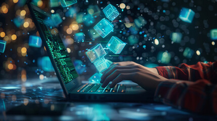 Hand typing on laptop, glowing cubes floating. Suitable for technology, innovation, cyberspace, programming concepts and futuristic design projects. Perfect for digital marketing materials.