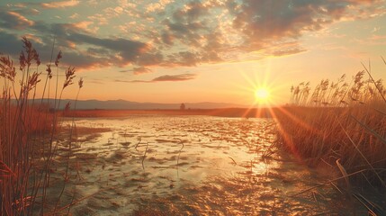 Wall Mural - Search by image or video Wetland with drought problems due to high temperatures. Climate change, exploitation of natural resources