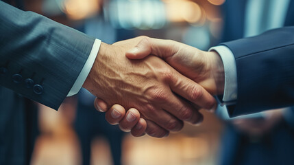 Wall Mural - Two business professionals sealing a deal with a firm handshake, symbolizing trust, partnership, and mutual agreement, set against a professional office background with soft focus on their hands