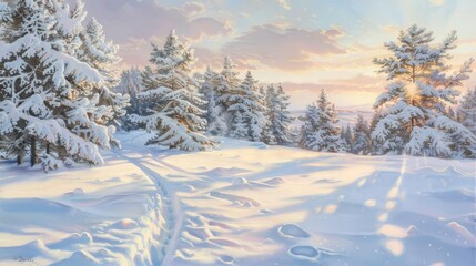 Wall Mural - Winter Wonderland: A Snowy Forest at Sunset