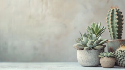 Canvas Print - Succulents and cacti on table with light background and text space