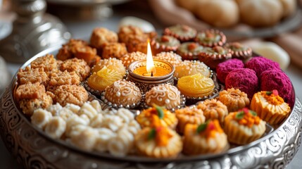 A Close up of a Tray Filled With Various Types of Candies and a Lit Candle - Generative AI