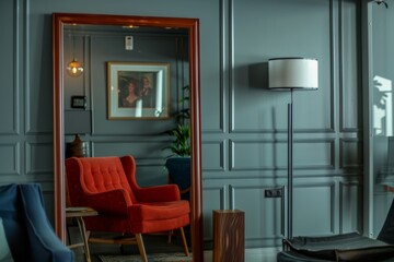 Interior of a living room with a red armchair and a mirror