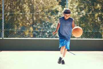 Canvas Print - Sports, athlete and child basketball player training for a match on an outdoor court in nature. Exercise, workout and healthy boy practicing his skill for a game on a professional field.