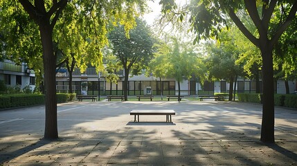 Canvas Print - Empty minimal style schoolyard, nobody. Background for school website, school grounds landscaping for events.