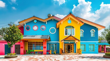 Poster - colorful preschool building exterior on sunny day 