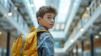 Poster - Young schoolboy wearing yellow backpack looking over his shoulder inside school building