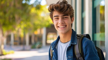 Canvas Print - Teenage Boy Backpack School Campus Smiling Confident Casual 