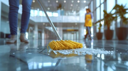 Sticker - copy space, stockphoto, people Mopping an Office Floor, Mop Close-Up, Cleaner Cleans the Floors. Professional cleaning team cleaning floor in an office or business building. 