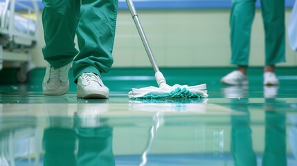 Wall Mural - Lower body of a person in green scrubs and white shoes mopping a shiny hospital floor