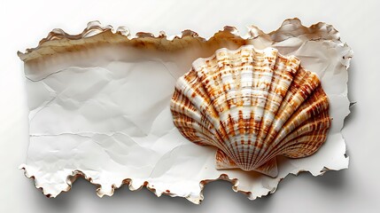 A large, spiraled seashell with brown and white stripes sits on a bed of crinkled white paper.

