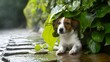 © Sanjay - A cute street dog is taking shelter under leaves due to rain outside during monsoon season