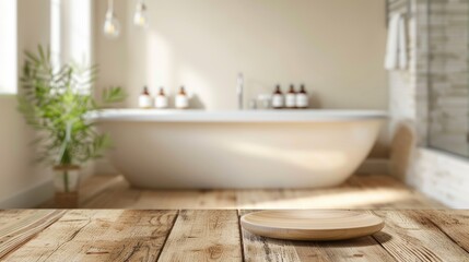 Wall Mural - Wooden table and blurred modern bathroom background. Copy space.