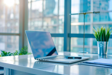 Close-up of a laptop on a table in a modern office