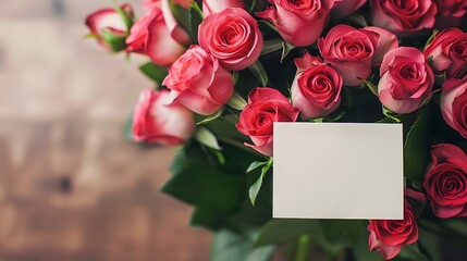 Wall Mural - A bouquet of pink roses with a white card that says 