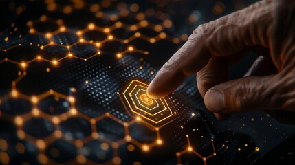 Fototapete - Businessman touching and pressing hexagon honey screen display hologram button interface by finger on dark black background Internet and Virtual Reality concept Business and technology : Generative AI