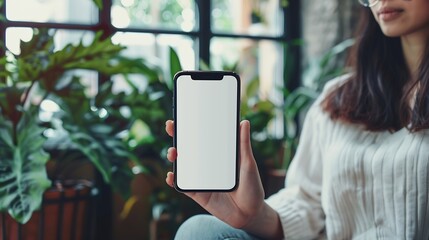 Poster - Mockup image of a woman holding and using mobile phone with blank desktop white screen at home : Generative AI