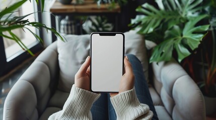 Poster - Mock up white screen blank mobile phone in woman hands holding sitting on armchair at home Back view : Generative AI