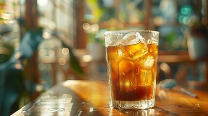 Aufkleber - Iced coffee with ice cubes in a glass on the table : Generative AI