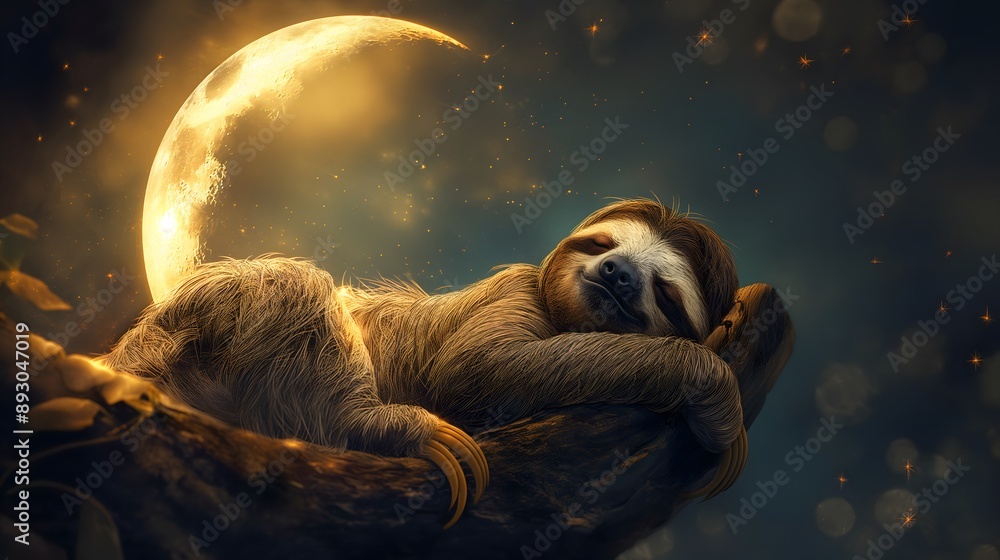 Sleepy Sloth Under the Crescent Moon: A sloth soundly asleep on a branch under a crescent moon, surrounded by a dreamy night sky, evokes peace and serenity.  