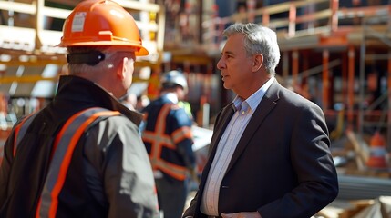 Man in suit talking to construction worker on construction site : Generative AI