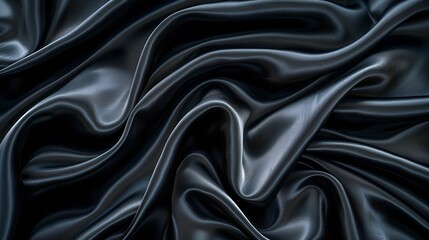 Fototapete - Black gray satin dark fabric texture luxurious shiny that is abstract silk cloth panorama background with patterns soft waves blur beautiful : Generative AI