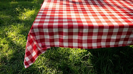 Wall Mural - Red checkered tablecloth on grassempty space blank Food design advertisement template Picnic place Checked cloth Napking laying outdoor : Generative AI