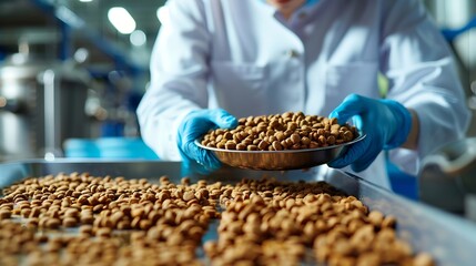 Quality control personnel are inspecting the quality of pet food Quality control process in pet food industry : Generative AI