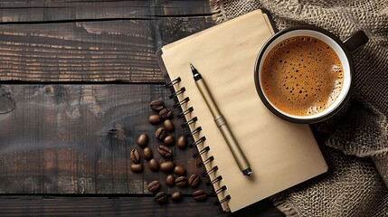 Aufkleber - Cup of coffee with notepad and brown pen on wooden table top view copy space : Generative AI