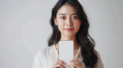 Aufkleber - beautiful Asian young woman showing big smart phone with blank screen  white screen empty copy space for advertising banner isolated on white background  Mock Up Image : Generative AI
