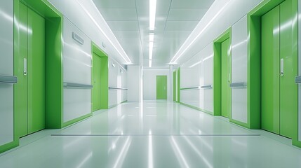 Poster - Interior of bright white room with green closed door in modern hospital : Generative AI