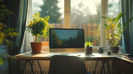 Fototapete - Empty workspace and a computer in a home office for remote work business or design of desk Working creative and a table with a pc and setup for a freelance career or entrepreneurship f : Generative AI